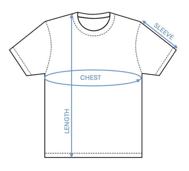T-shirt diagram showing chest circumference, vertical body length and sleeve measurement